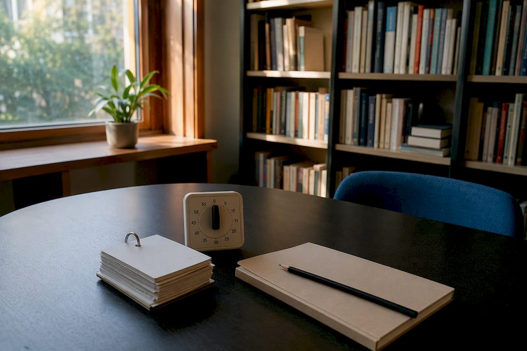 Japanese study flashcards and timer on desk