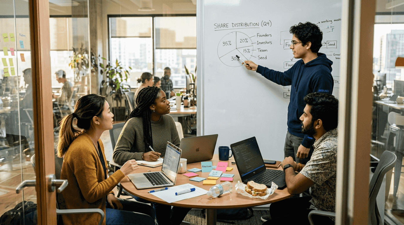 Startup team discussing shares and ownership