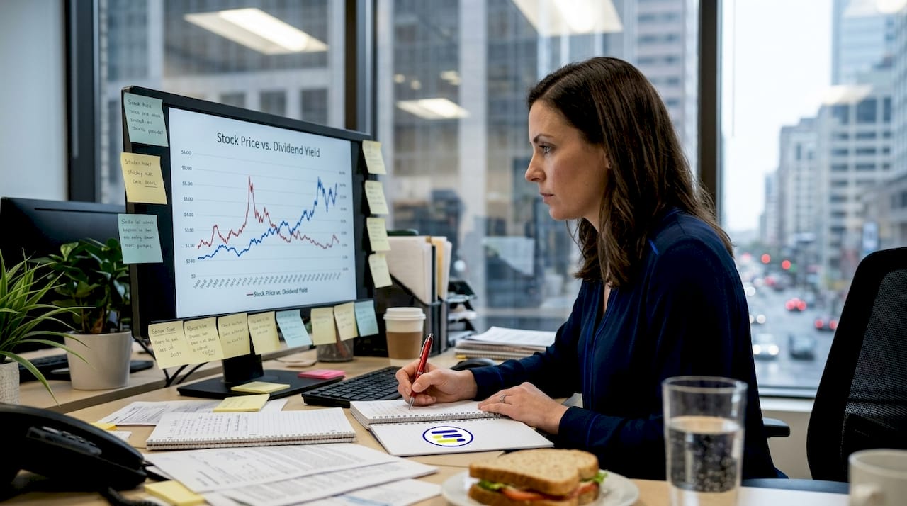 Woman analyzing dividend yield chart at desk