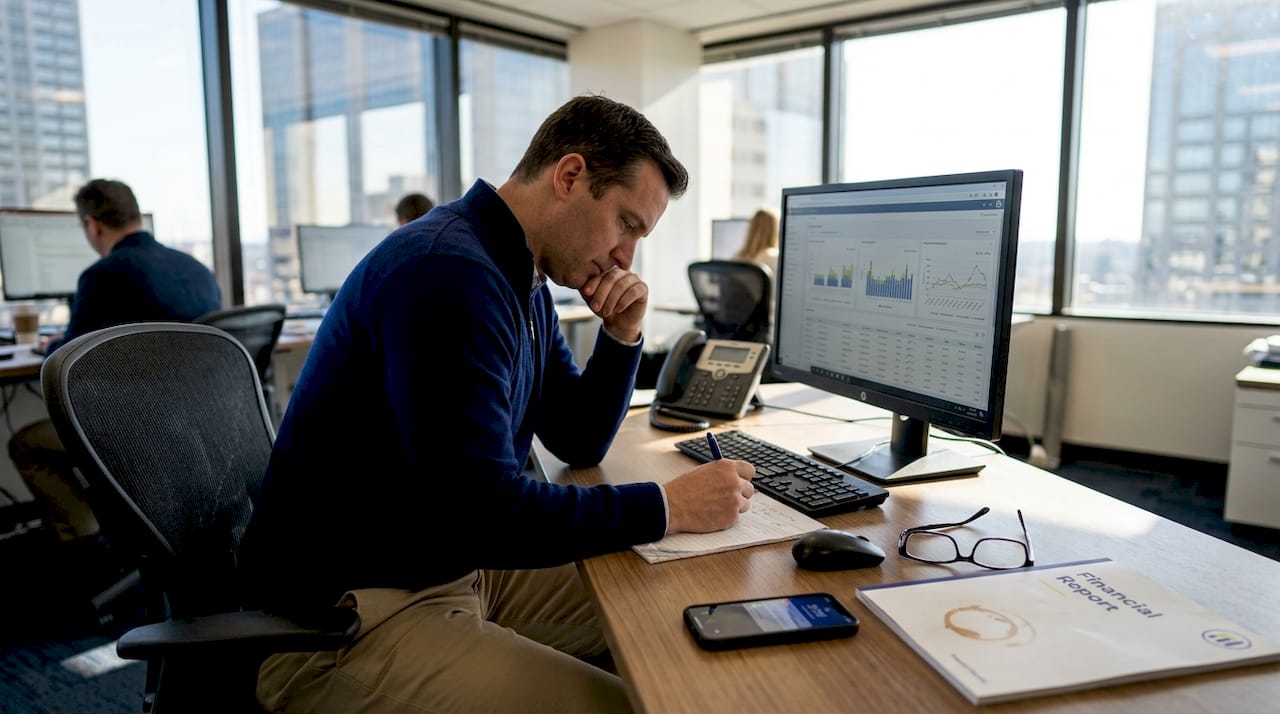 Analyst reviewing stock market trends in office