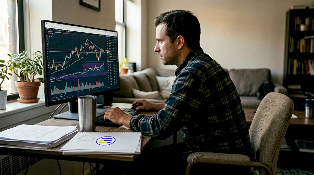 Man checks price charts in city apartment office