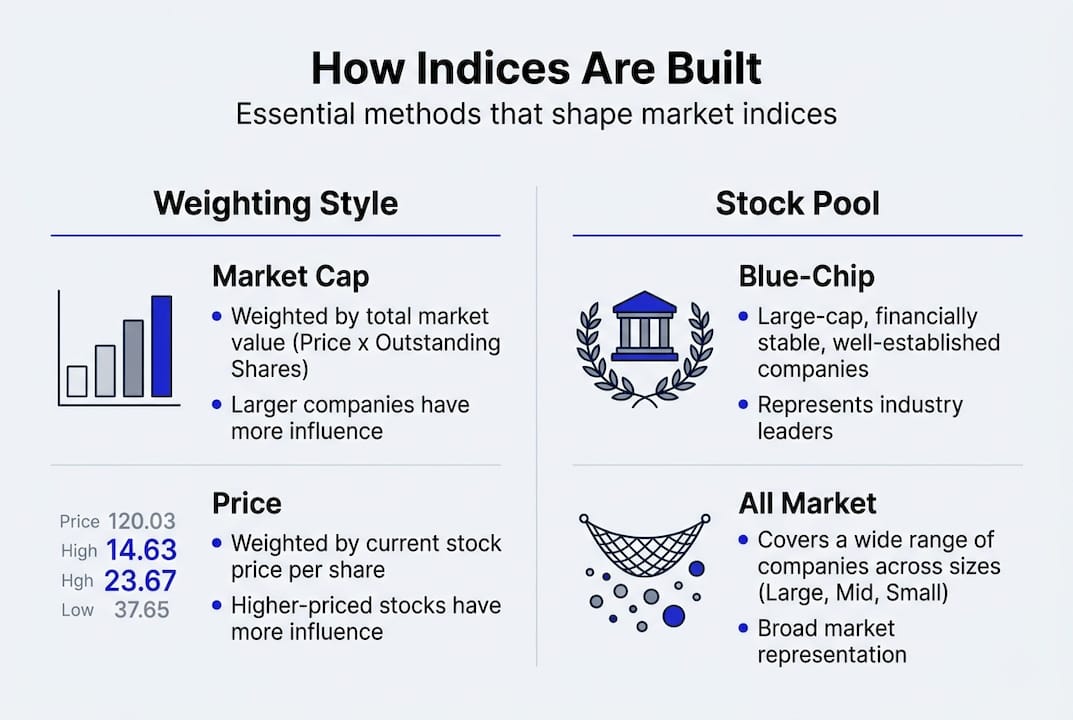 Infographic showing stock index construction methods