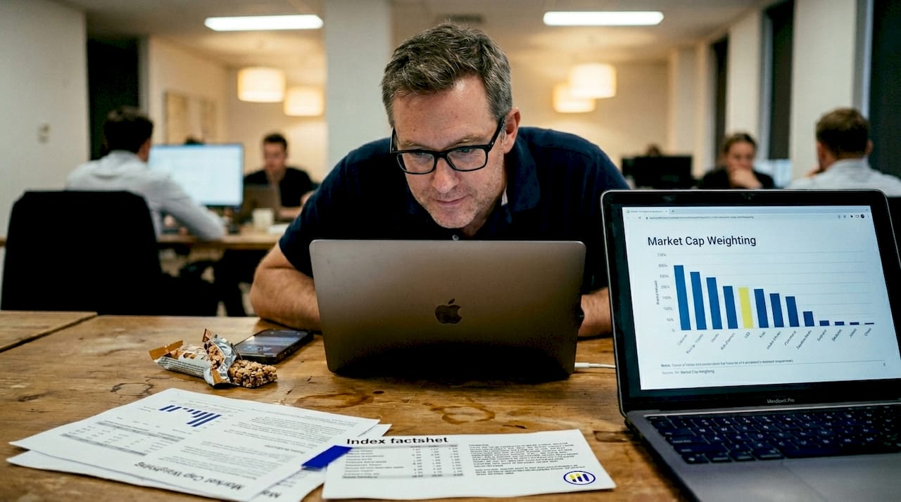 Man viewing market cap weighting chart in office