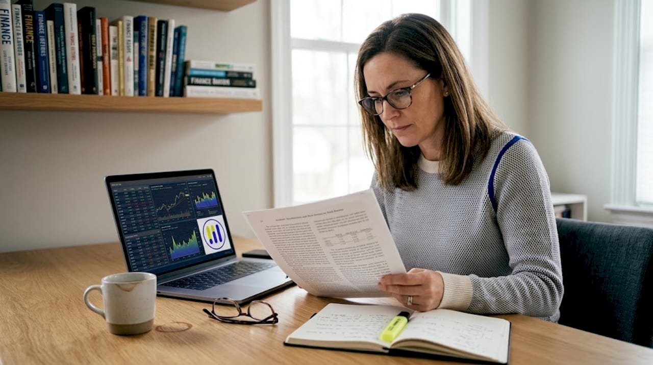Businesswoman reviews financial returns study