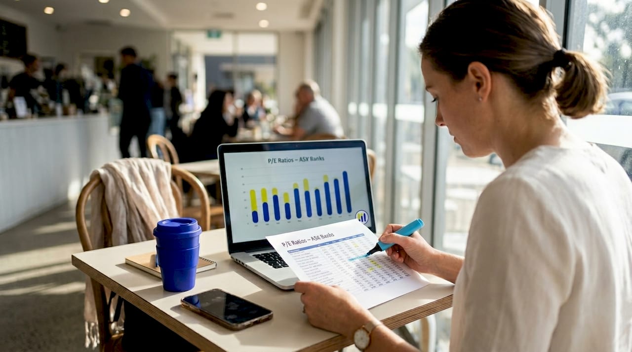 Woman highlights BOQ P/E ratio at office desk