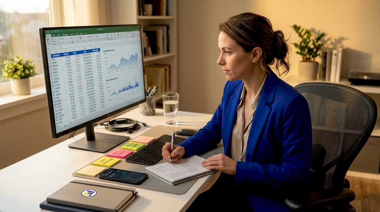 Woman analyzing stock data in home office