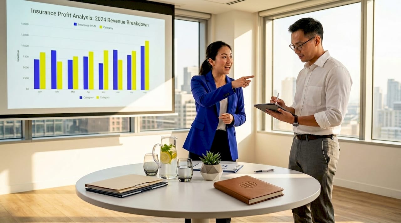 Insurance team discussing profit analysis