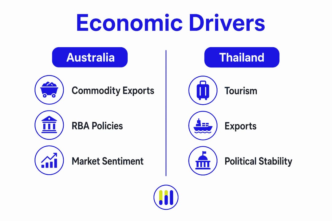 Infographic comparing economic factors affecting AUD THB