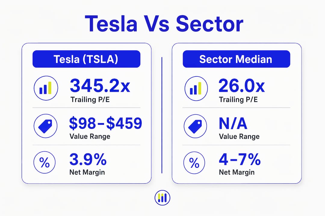 Infographic comparing Tesla and sector valuation metrics