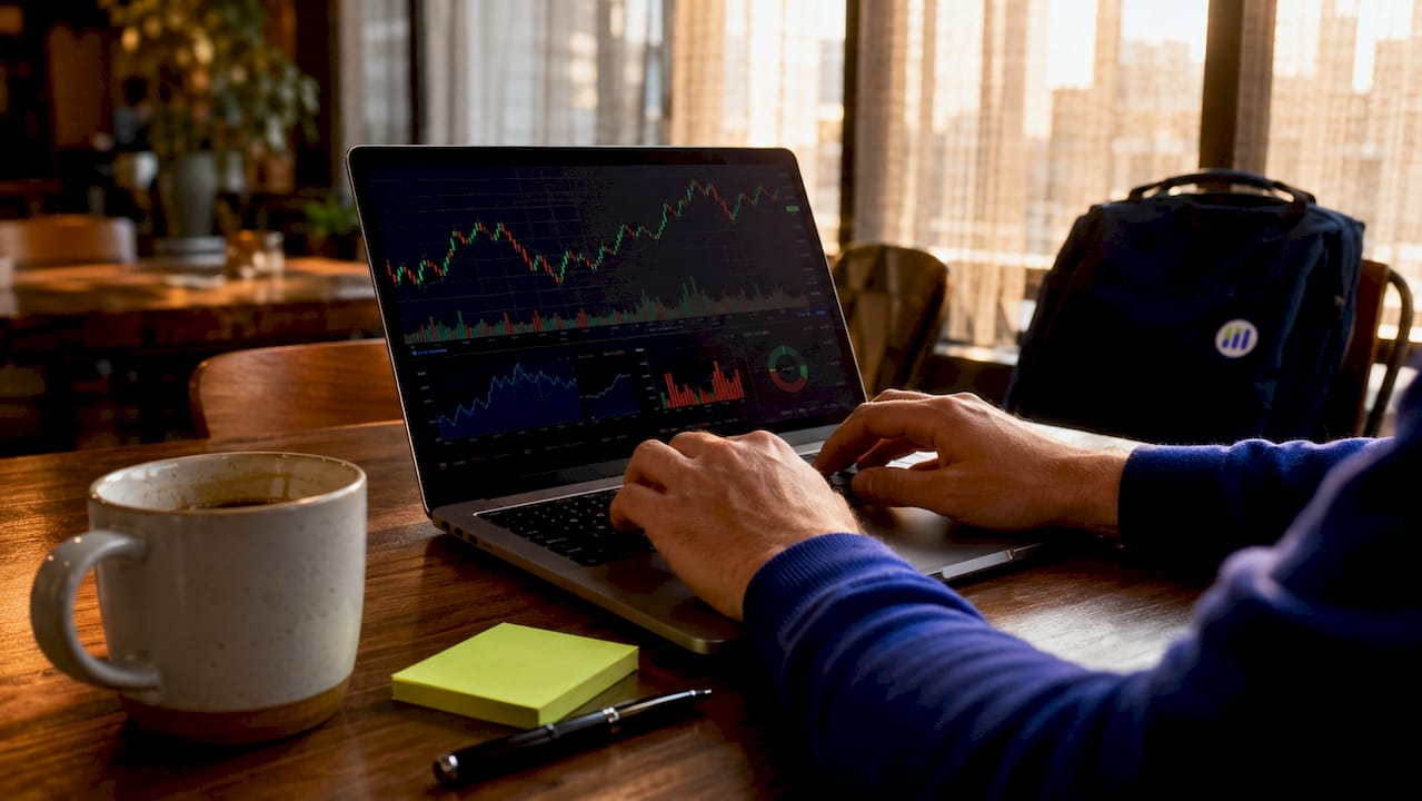 Hands typing next to Tesla financial metrics charts