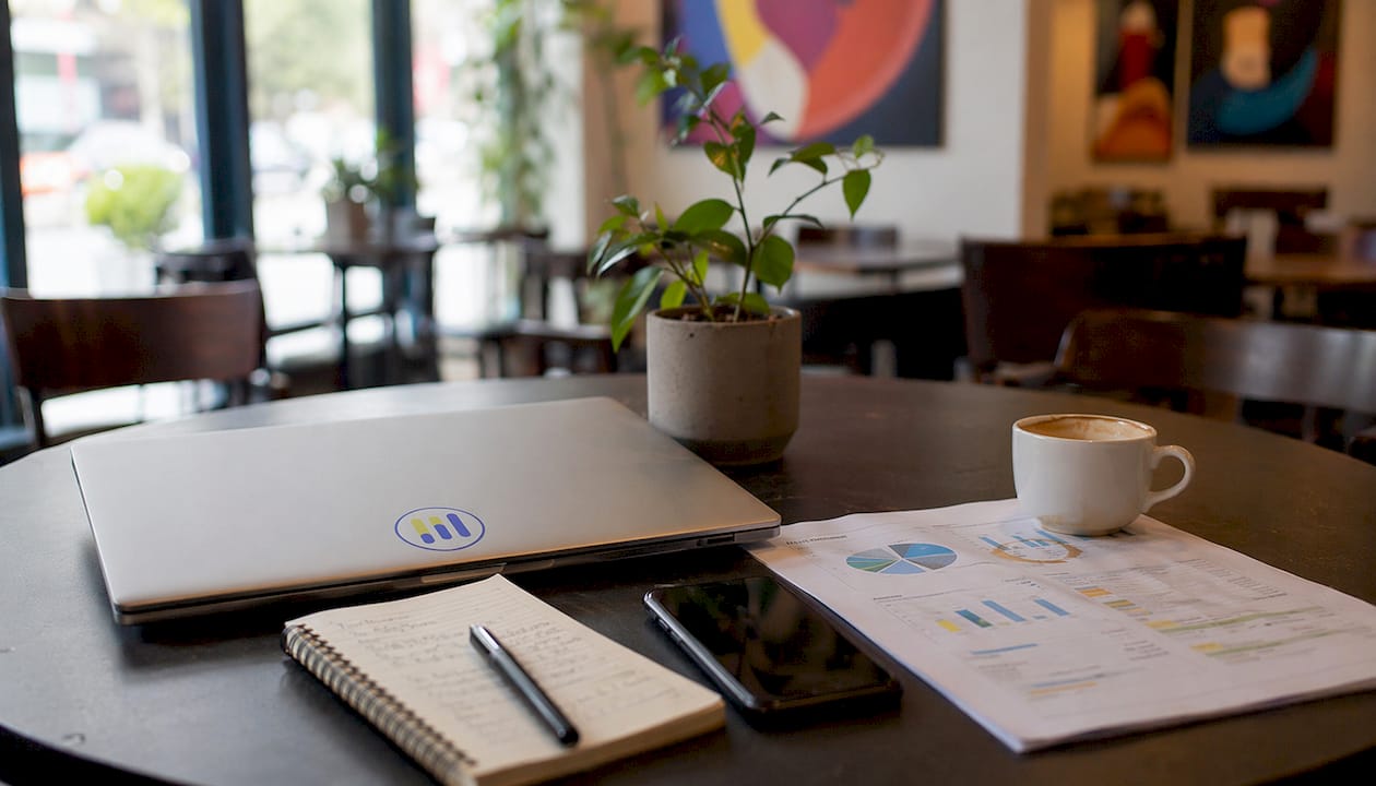 Home office desk with financial research tools