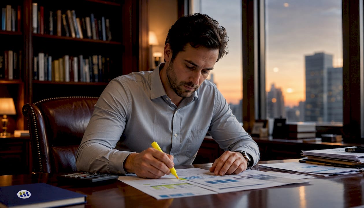 Financial analyst reviewing market reports at desk