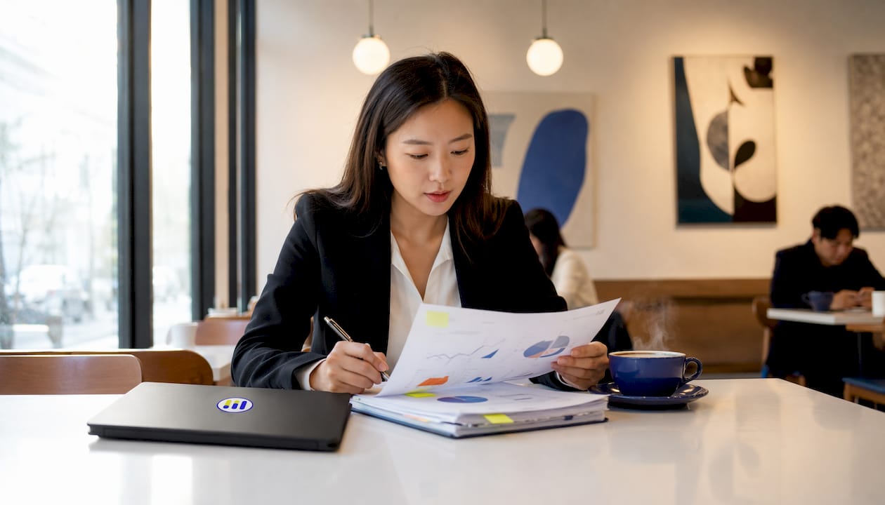 Equity analyst desk with financial documents and calculator