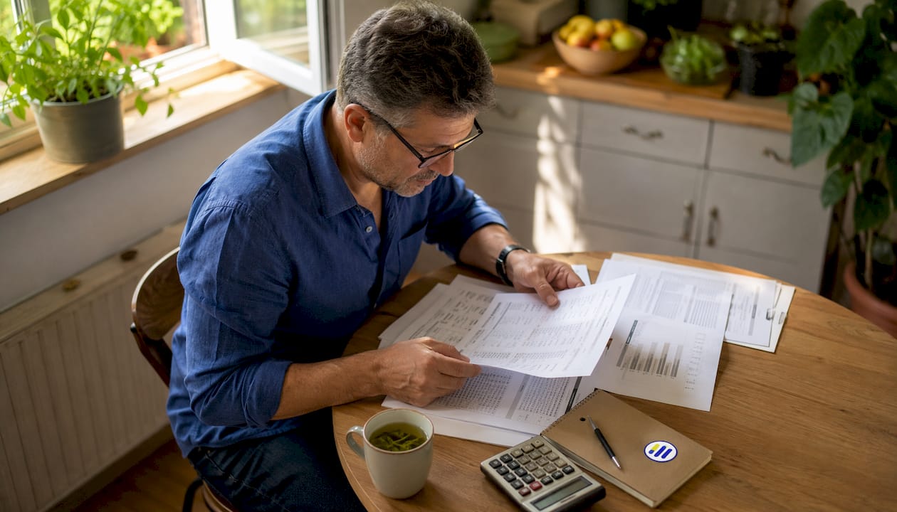 Investor reviewing printed stock reports at desk