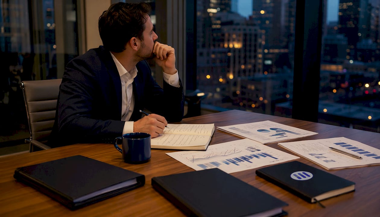 Conference room with investment analysis materials
