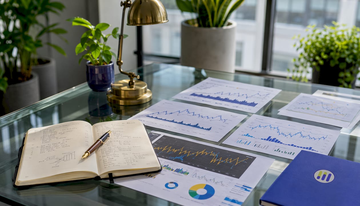 Desk with stock charts and analysis tools