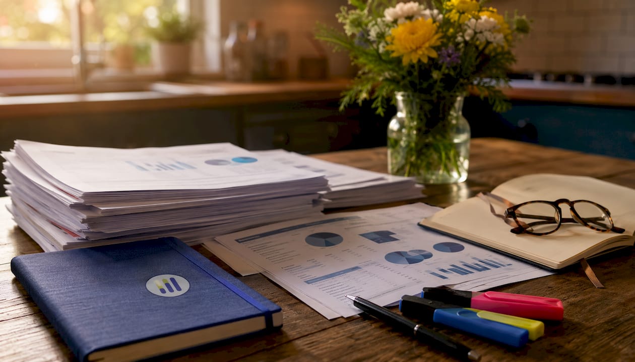 Close-up of financial documents on desk