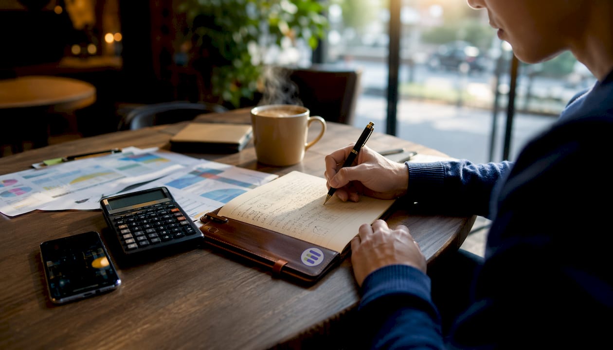 Investor calculating financial ratios at desk