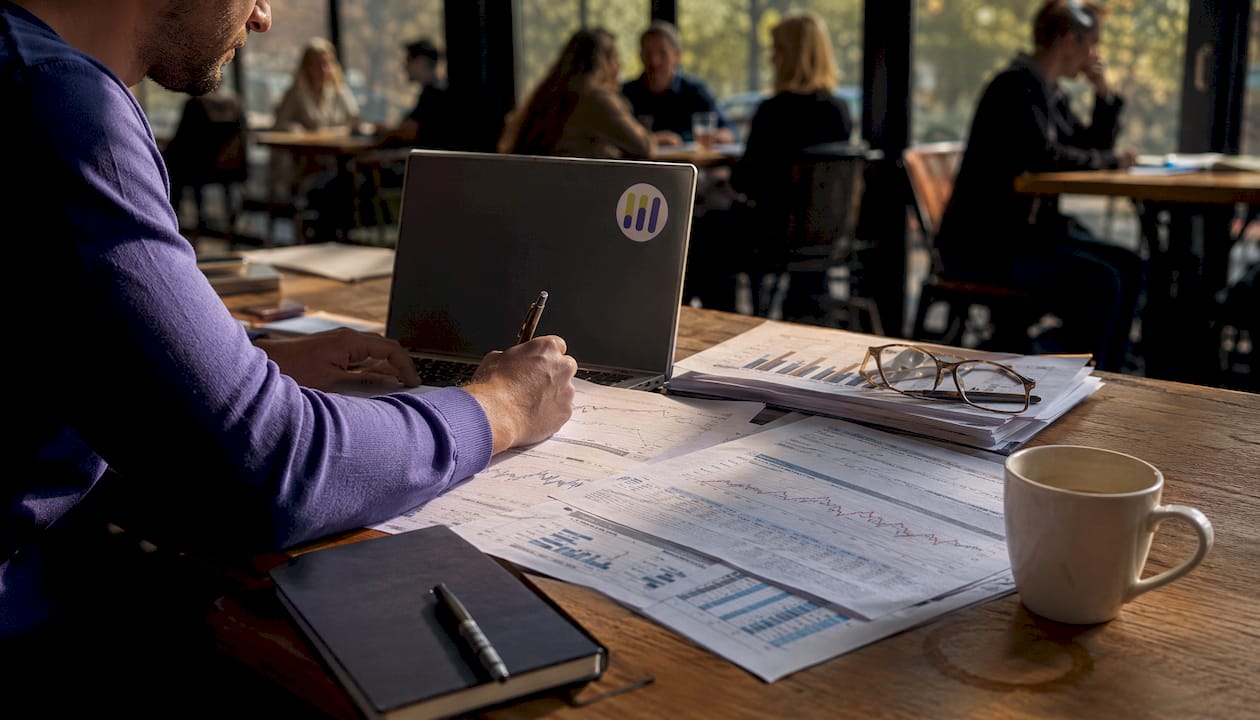 Desk with historical stock price spreadsheets and glasses