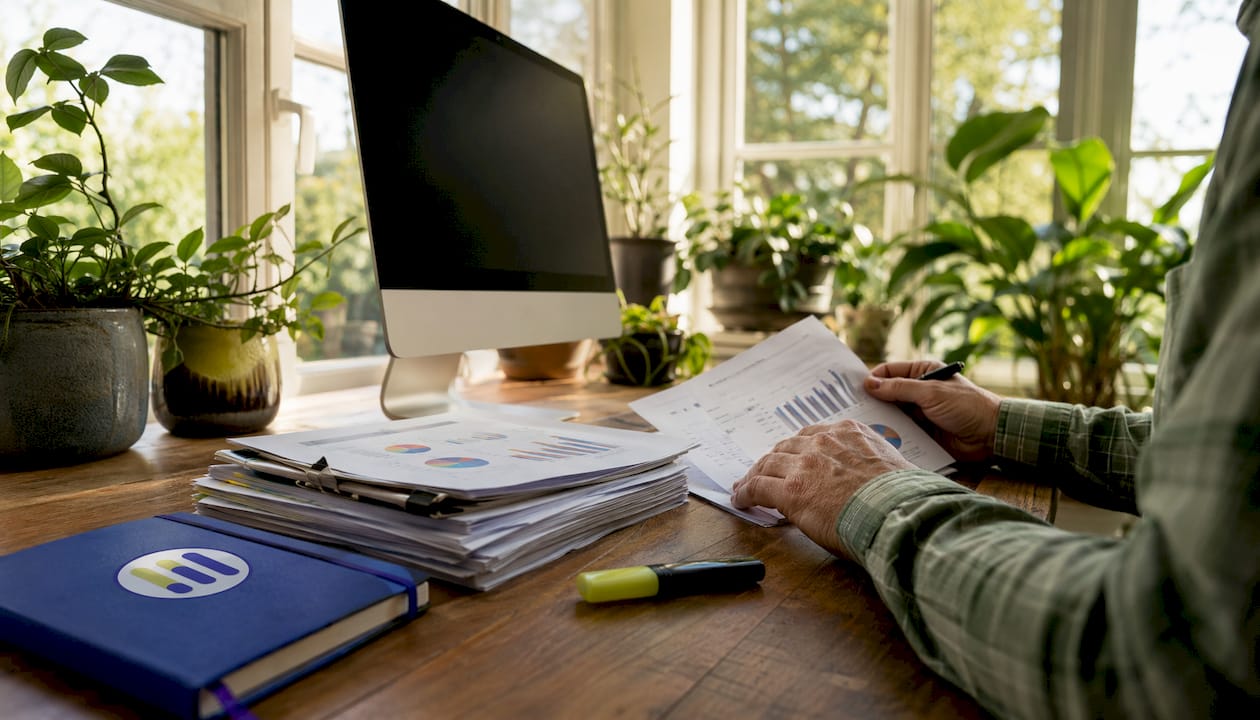 Hands reviewing printed financial data