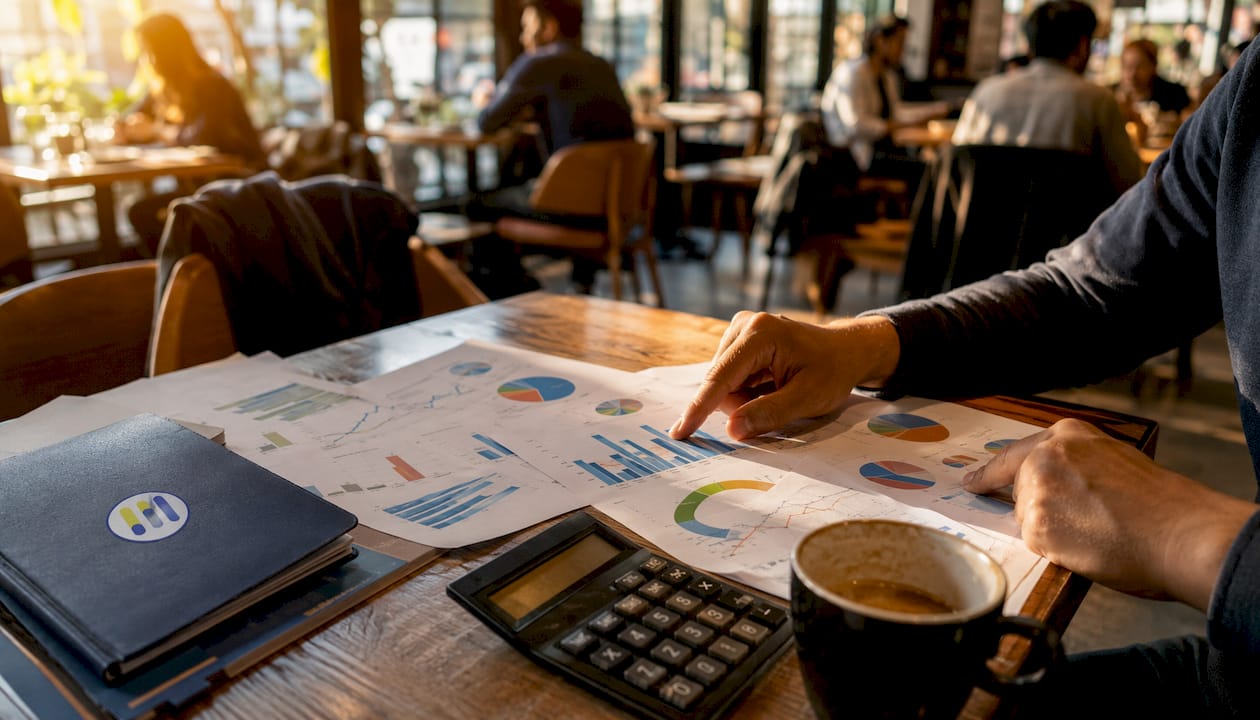 Hands analyzing financial reports and charts on desk
