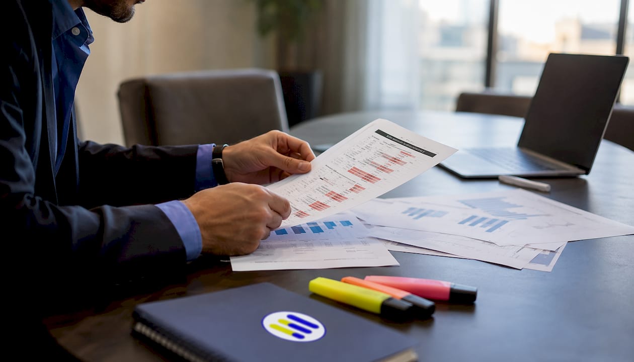 Investor reviewing stock market data at desk