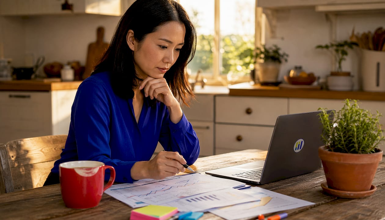 Woman reviewing investment documents at home desk