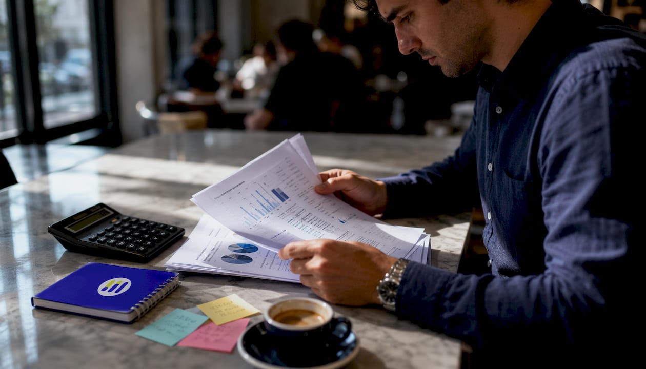 Investor reviewing printed stock risk reports