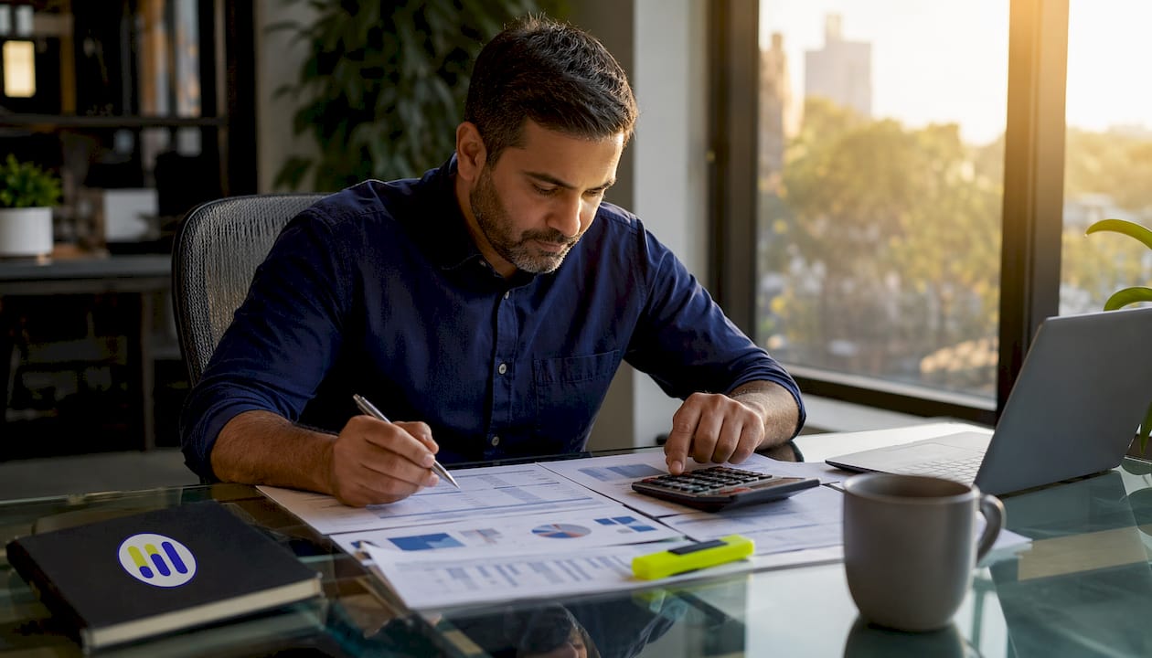 Man calculating share float in home office
