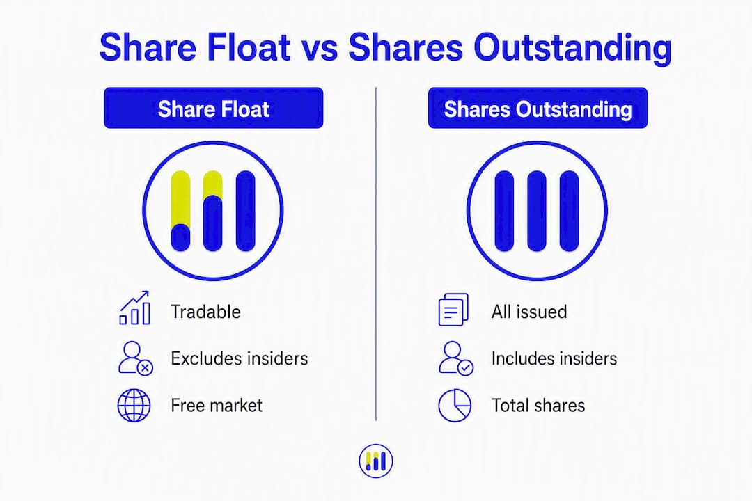 Infographic comparing share float and shares outstanding