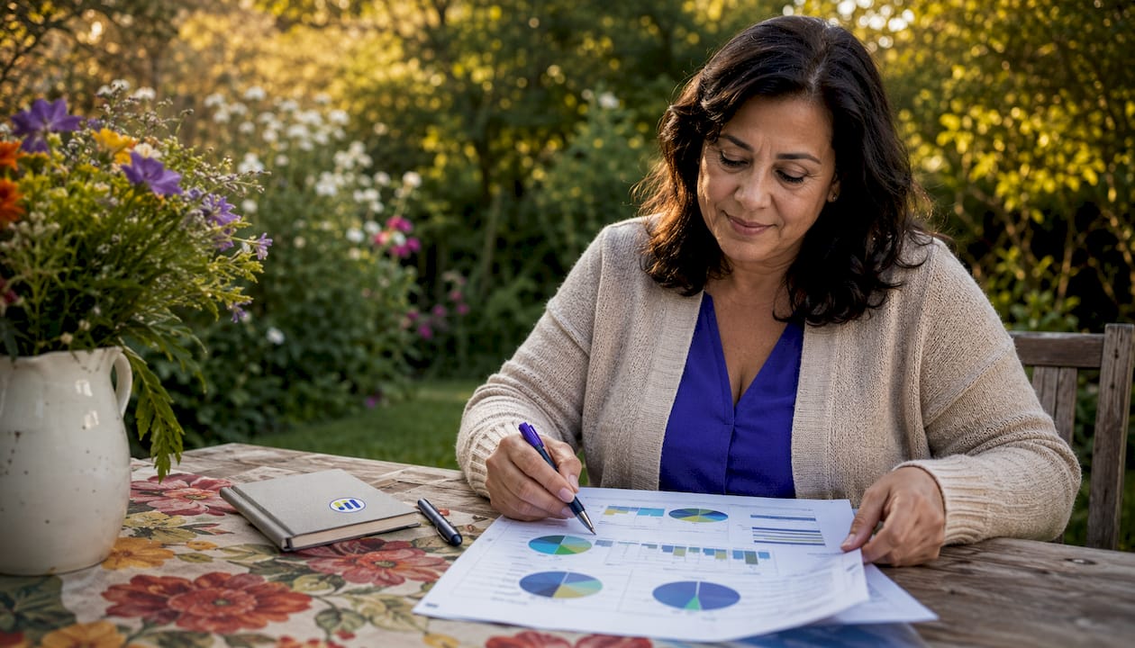 Woman reviewing financial portfolio documents
