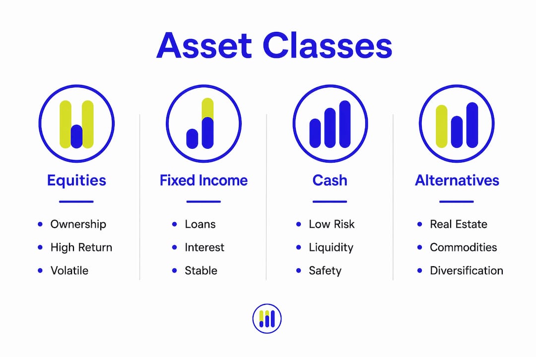 Infographic showing main asset classes with key features