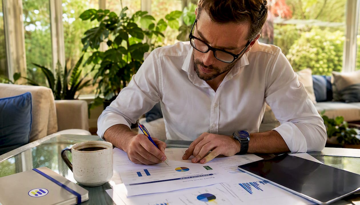 Analyst reviewing printed oil and gas financial reports