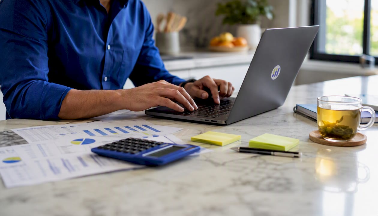 Hands typing financial data at desk