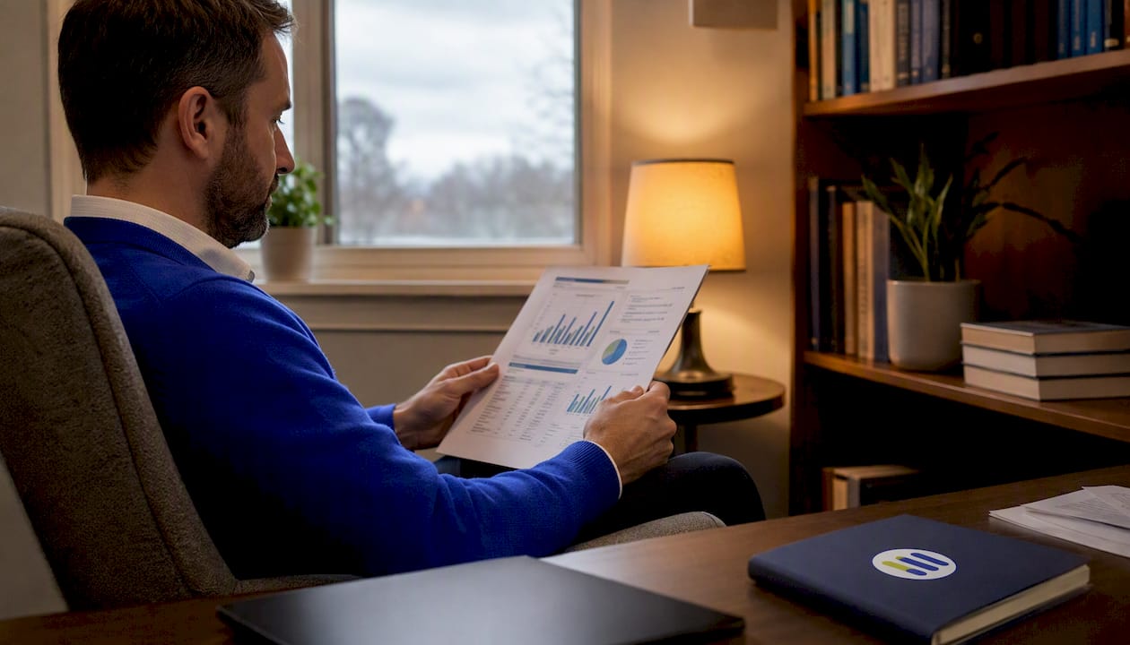 Hands reviewing printed financial report on desk