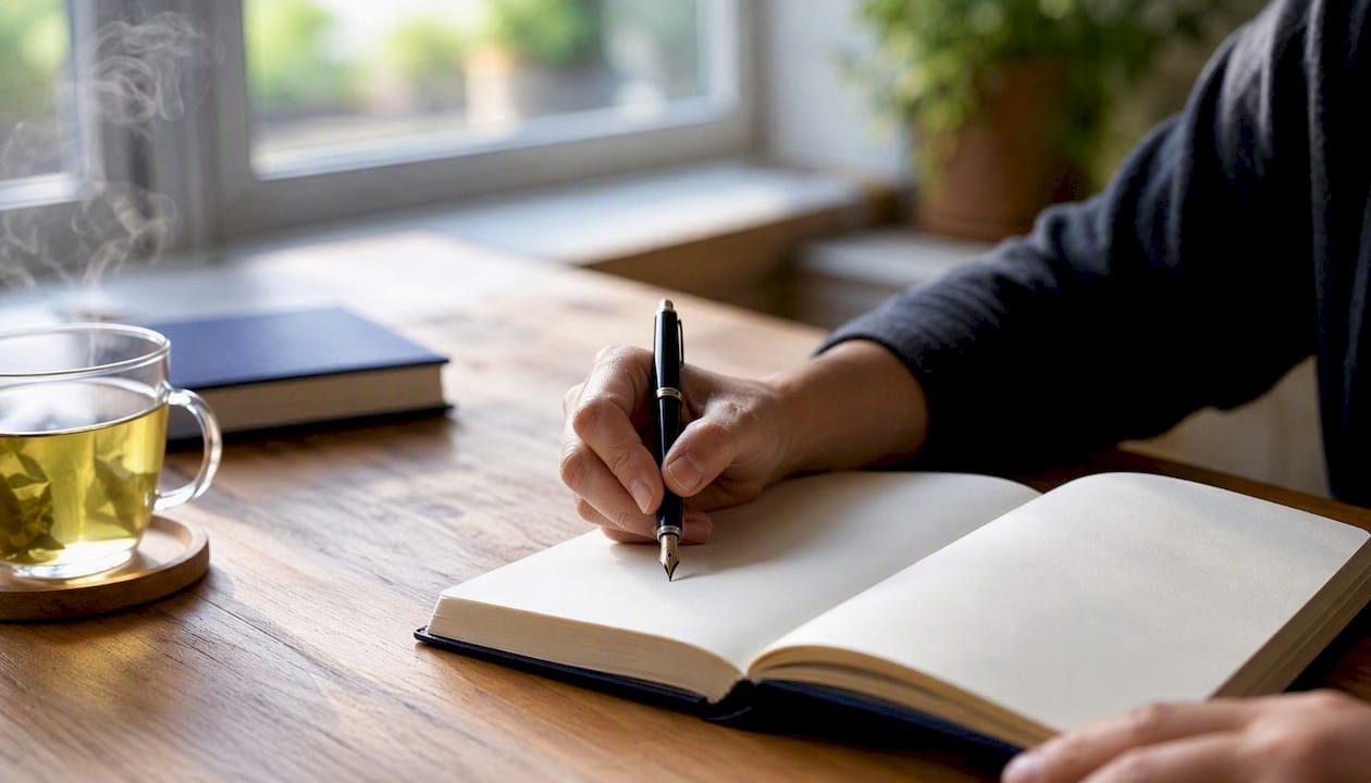 Close-up of hand writing in notebook