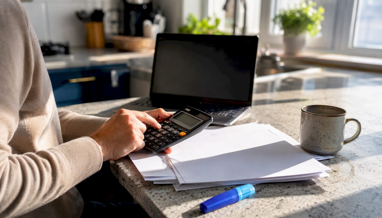 Hands using financial calculator on desk