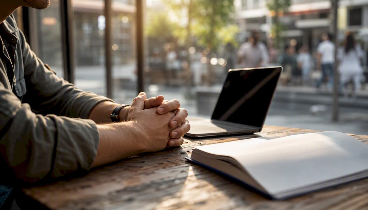 Investor hands contemplative on desk