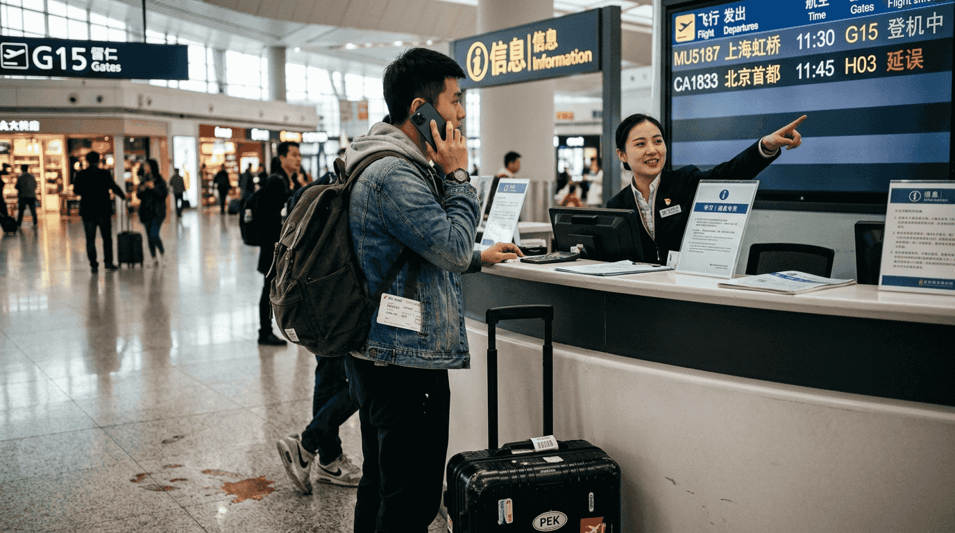 一位旅客在机场使用语音翻译软件进行交流。