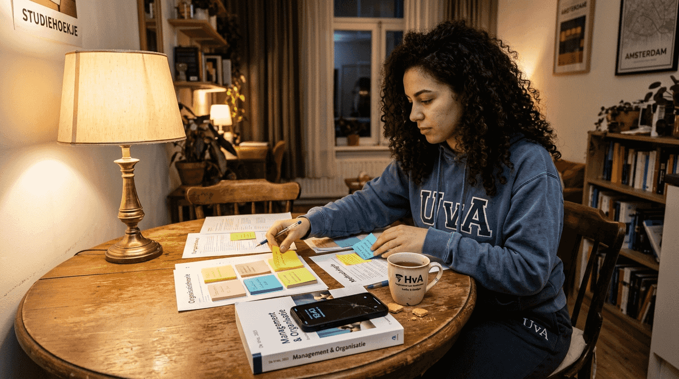 Een student zit thuis aan de eettafel en sorteert zijn studiemateriaal, zodat alles overzichtelijk en klaar is voor het leren.