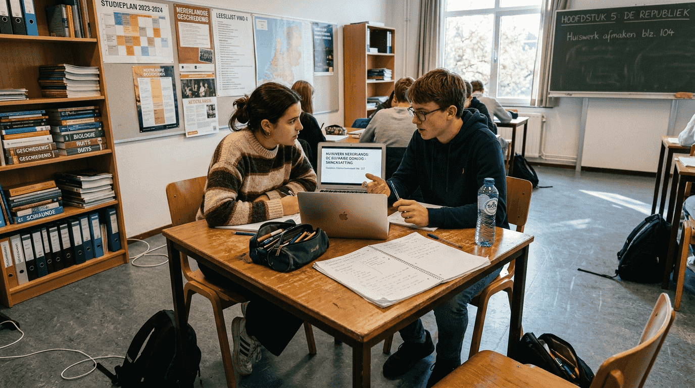 In het lokaal werken studenten samen aan opdrachten.