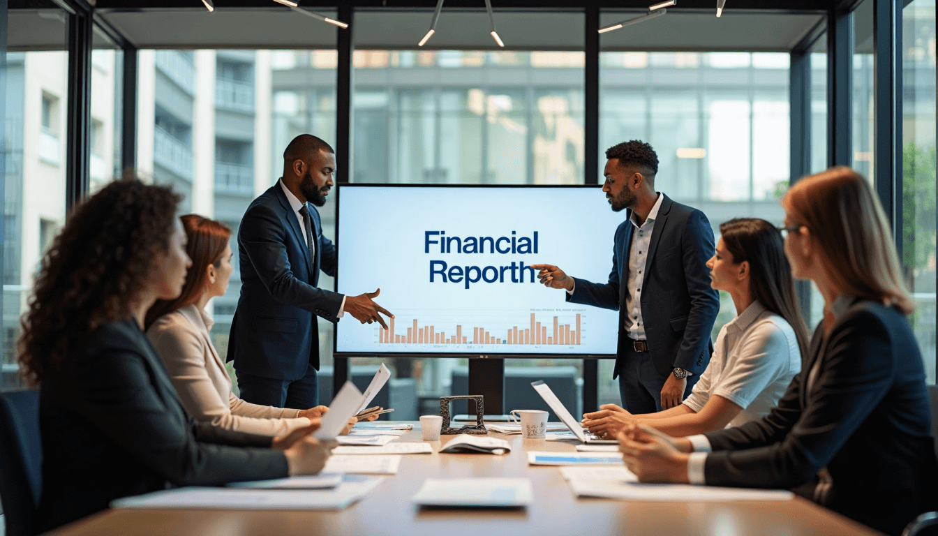 South African business team analyzing financial reports in a bright conference room