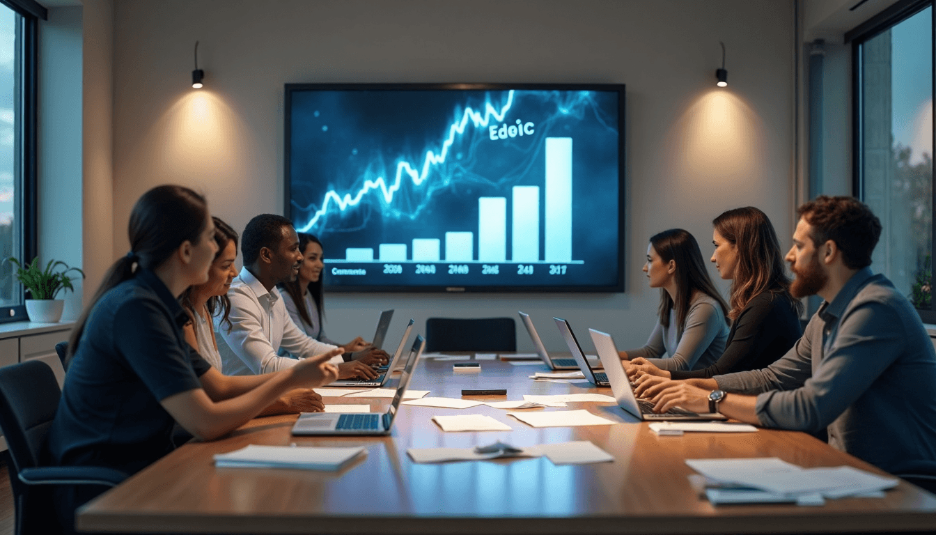 Diverse business team in South African office meeting about financial statements with 'Strategic Edge' on digital screen.