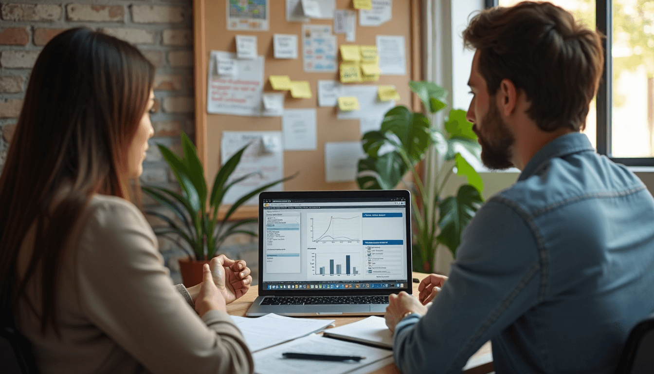 Business owner and accountant in South Africa discussing cash flow and finances, with 'Financial Health' on pinboard.