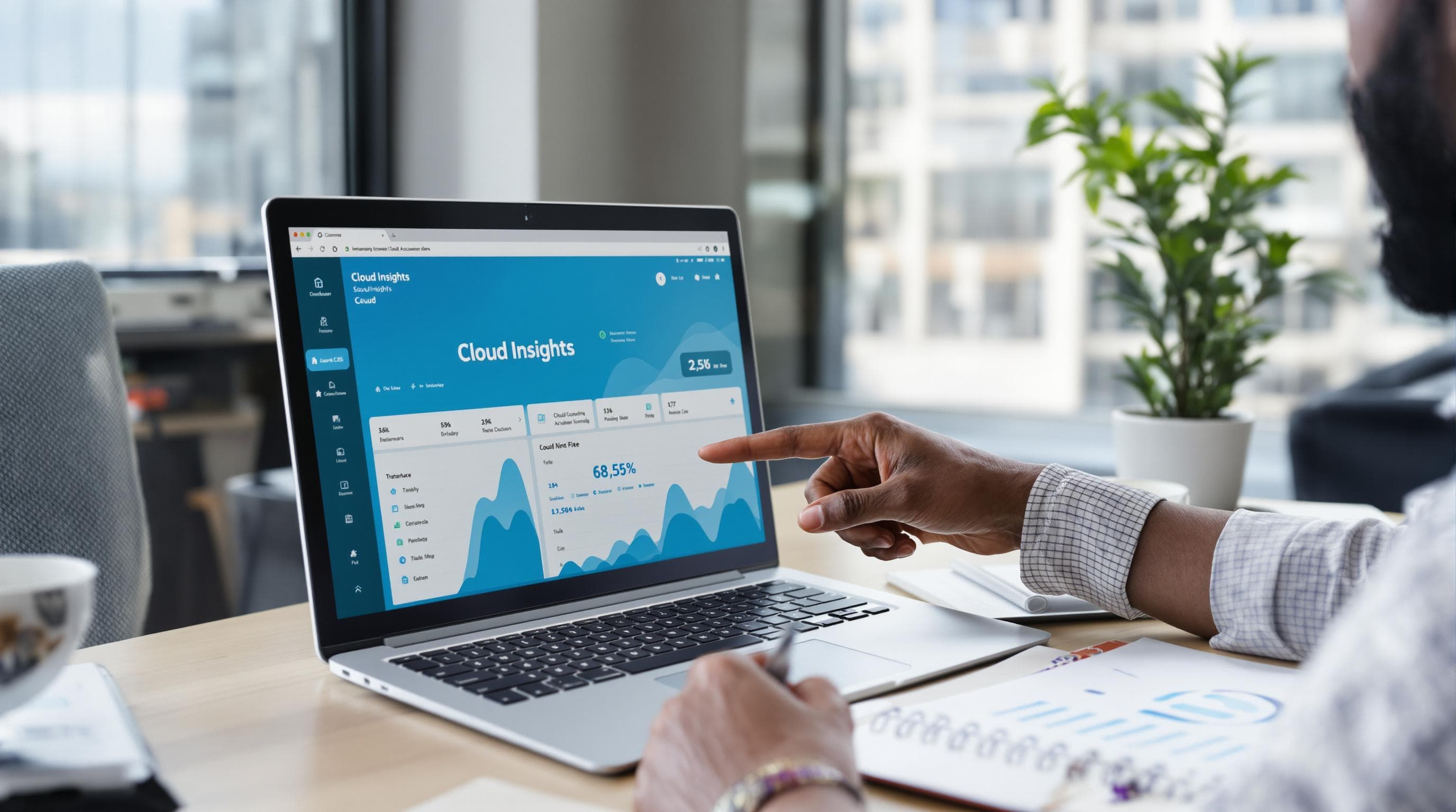 Professionals collaborating on cloud accounting with 'Cloud Insights' text on computer