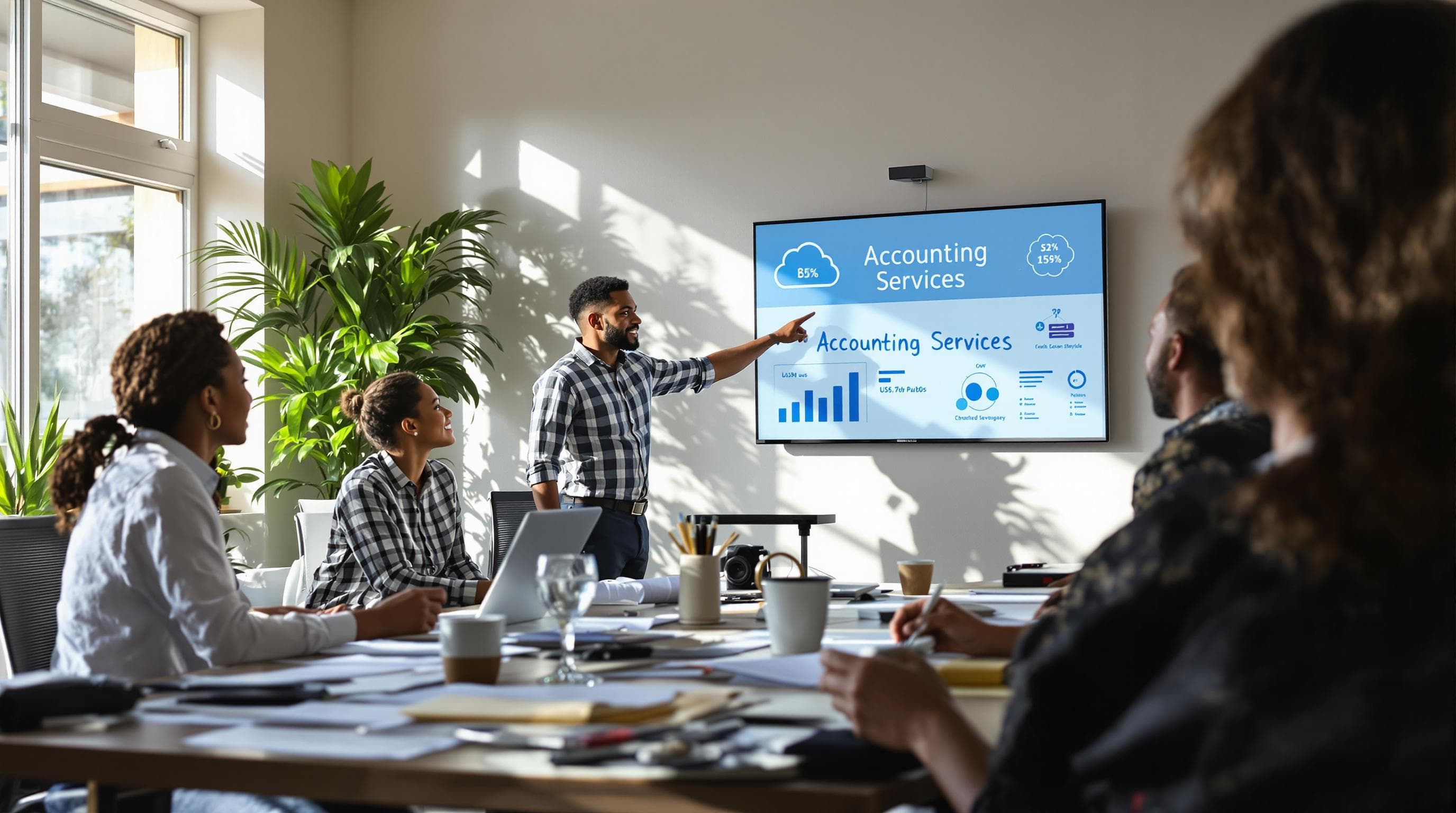 SME business owners meeting accountant in office with 'Accounting Services' text on flipchart