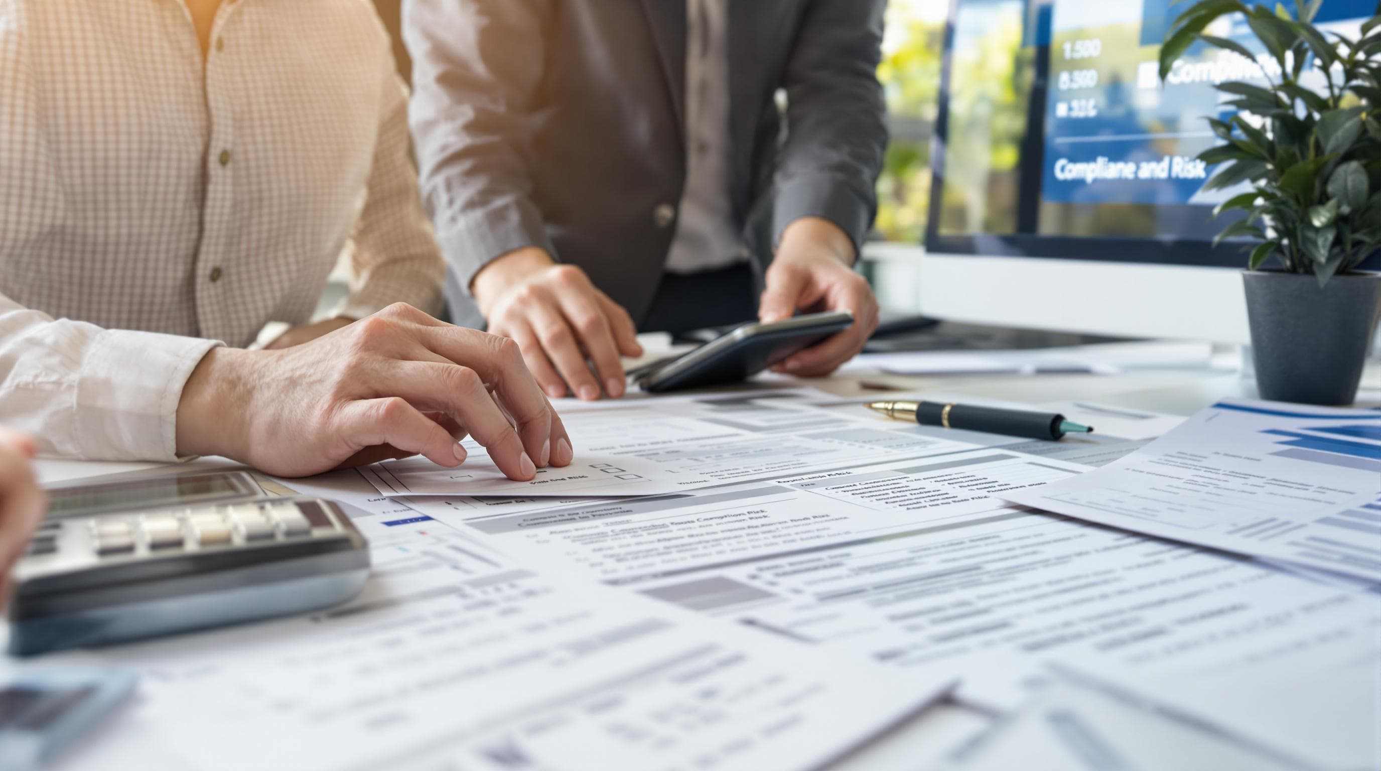 Team members auditing payroll records and compliance checklist in office