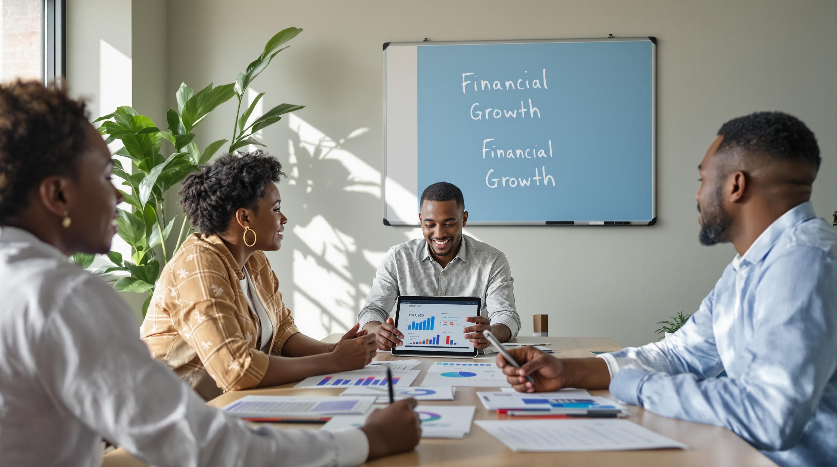 Group of entrepreneurs analyzing financial statements with 'Financial Growth' on whiteboard