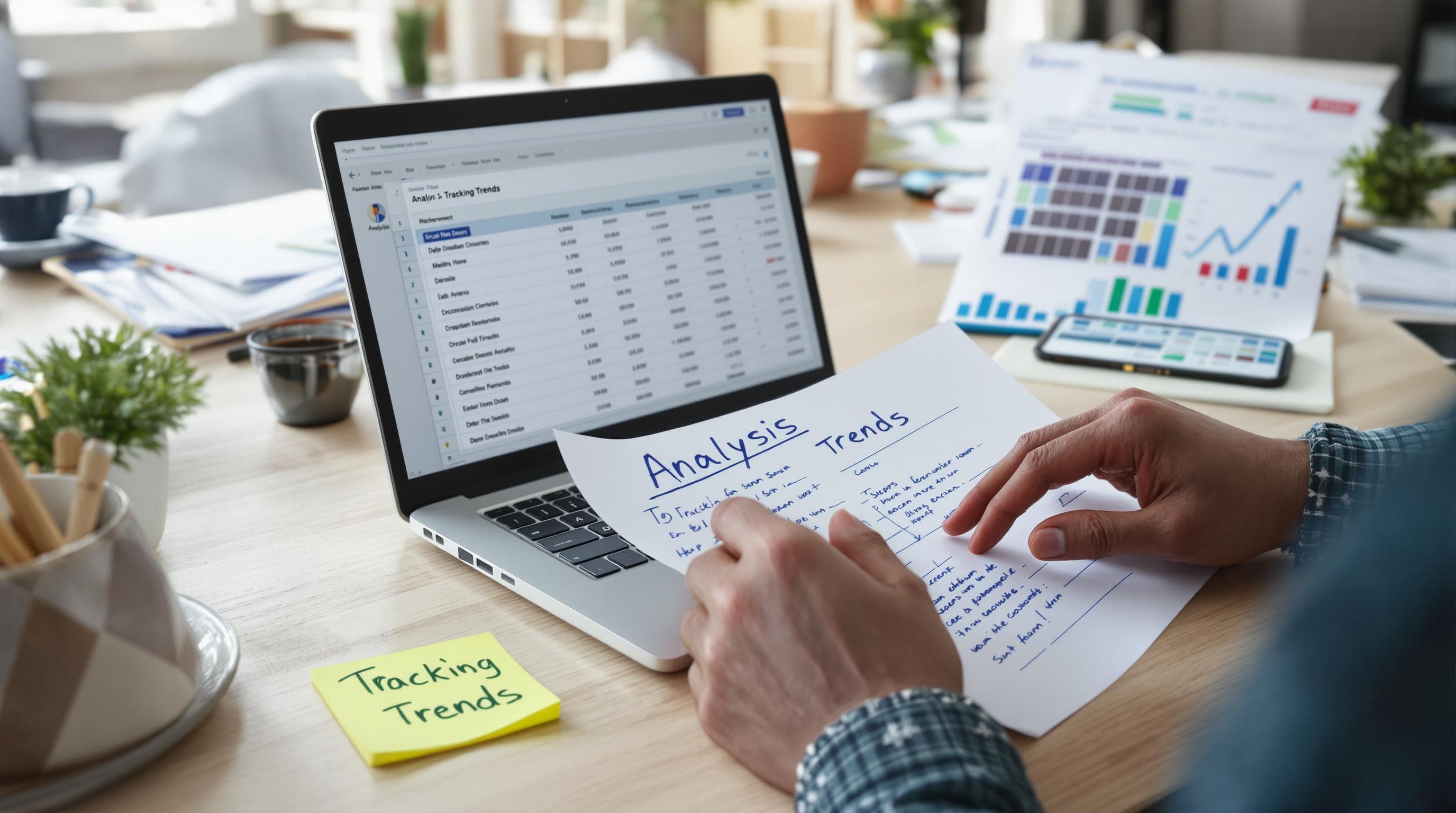 Person analyzing financial reports with 'Tracking Trends' note visible