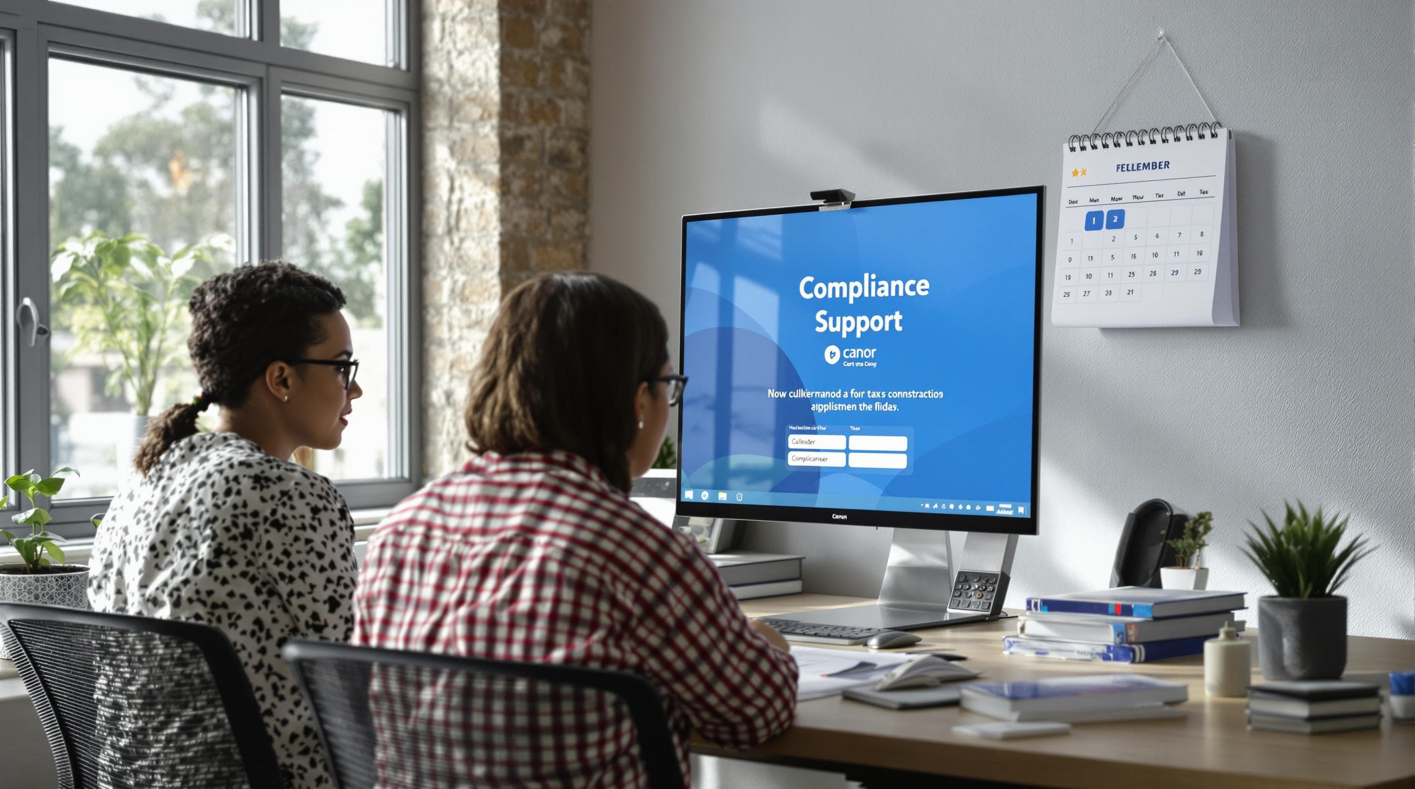 Accountants in South Africa discussing compliance, tax forms on monitor, wall calendar shows 'Compliance Support'.